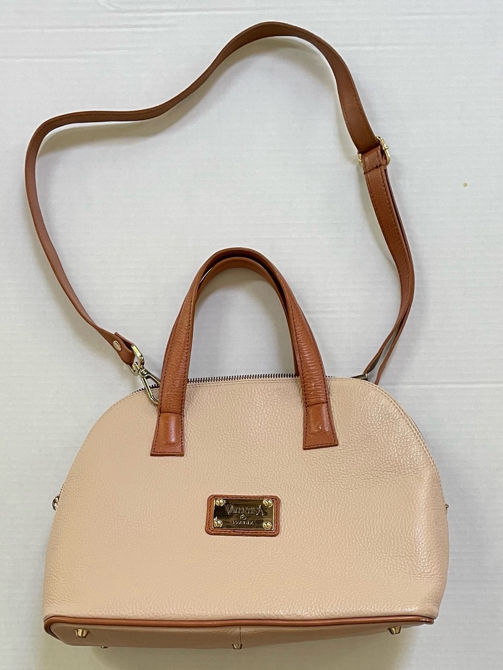 Valentina Two-Tone Dome Satchel in Pinky Beige and Brown Real Leather